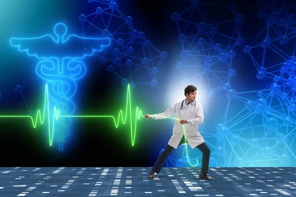 Cardioloog in telegeneeskunde concept met hartslag — Stockfoto