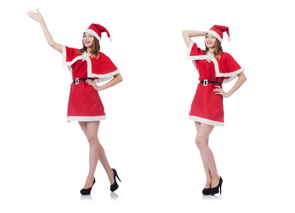 Giovane donna in costume da Babbo Natale rosso su bianco — Foto Stock