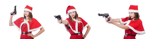 Jeune femme en costume de Père Noël rouge sur blanc — Photo