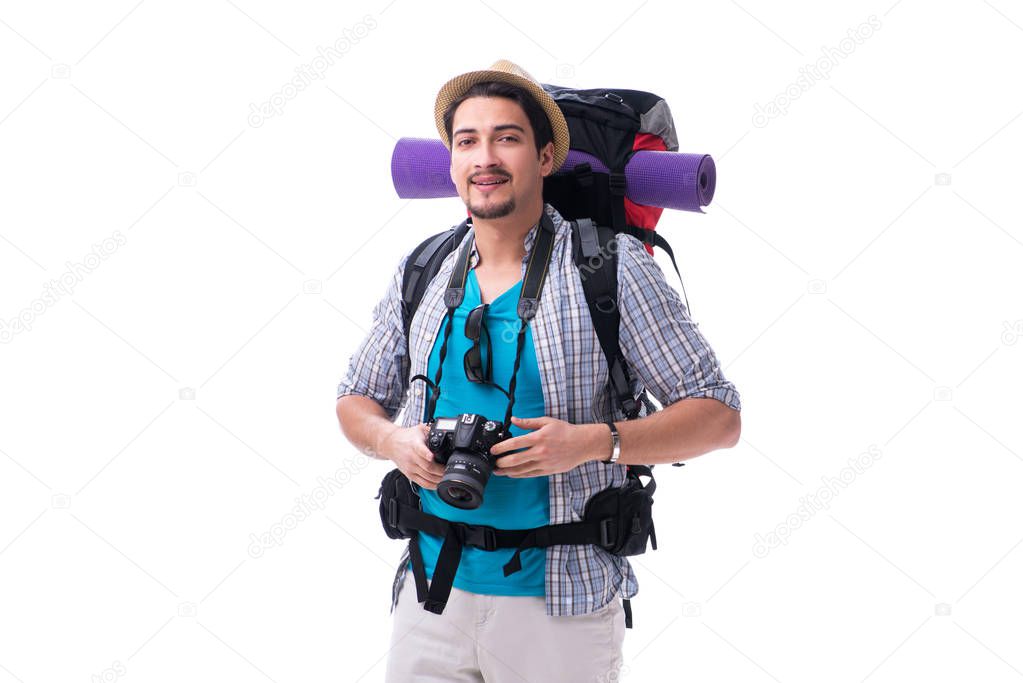 Backpacker with camera isolated on white background