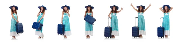 Mulher viajante com mala isolada em branco — Fotografia de Stock