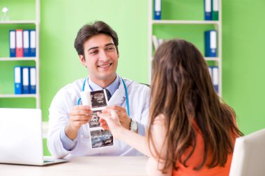 Hamile kadın, erkek jinekoloğu klinikte ziyaret ediyor. 