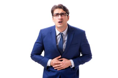 Hasta ve mutsuz iş adamı beyaz arka planda izole edilmiş. 