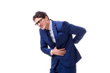 Hasta ve mutsuz iş adamı beyaz arka planda izole edilmiş.