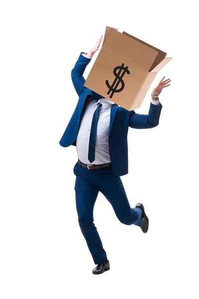 Uomo d'affari con una scatola di dollari in testa — Foto Stock
