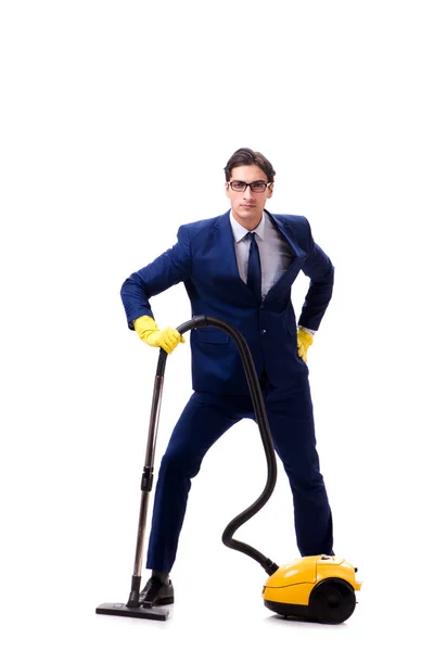 Handsome businessman with vacuum cleaner isolated on white backg — Stock Photo, Image