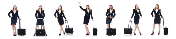 Mujer preparándose para las vacaciones con maleta en blanco —  Fotos de Stock