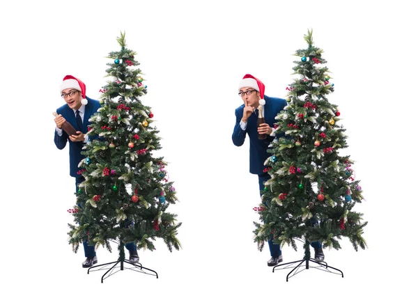 Empresario decorando árbol de navidad aislado en blanco —  Fotos de Stock