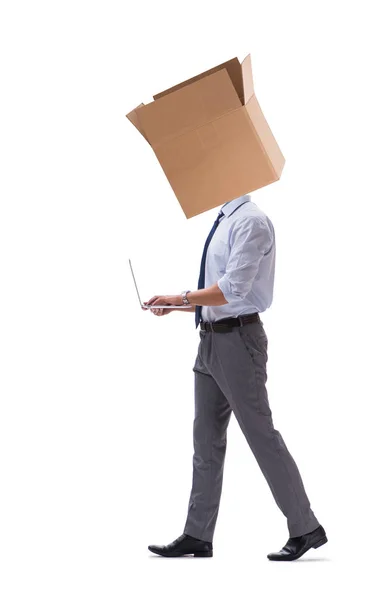 Businessman with blank box on his head — Stock Photo, Image