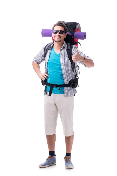 Mochilero con mochila grande aislado en blanco — Foto de Stock