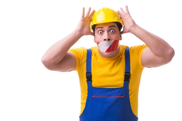 Funny worker wearing coveralls with tape — Stock Photo, Image