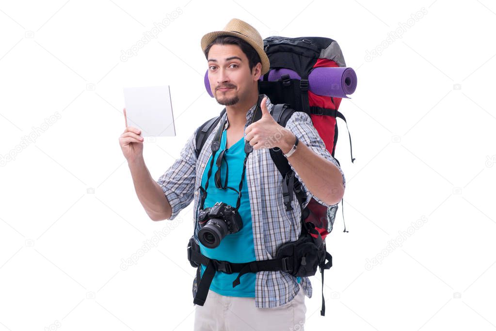 Man lost and looking for direction with map on white