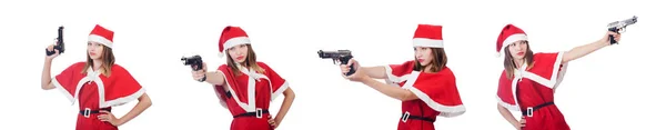 Young woman in red santa costume on white — Stock Photo, Image