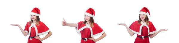 Jonge vrouw in rood santa kostuum op wit — Stockfoto