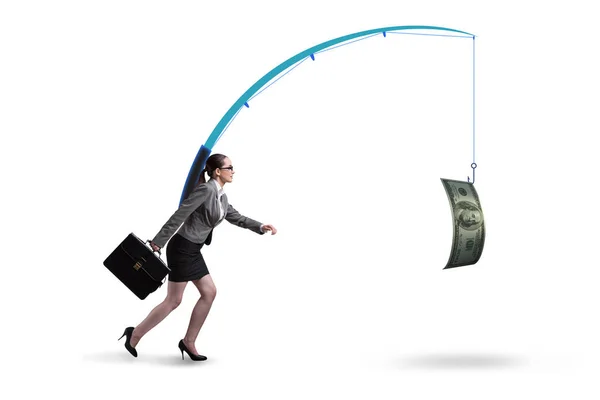 Businesswoman chasing money on fishing rod — Stock Photo, Image
