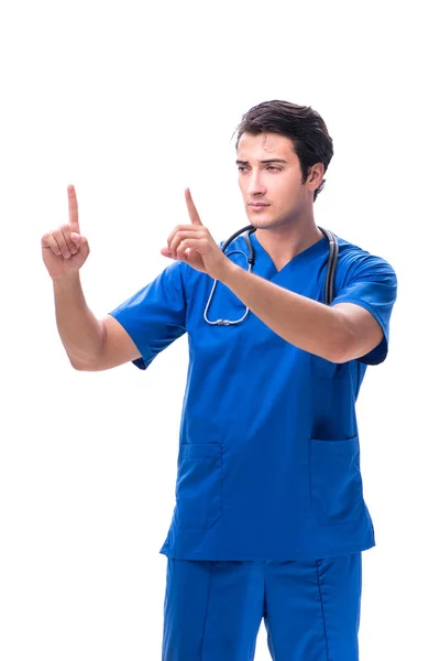 Jovem médico masculino pressionando botões isolados no branco — Fotografia de Stock