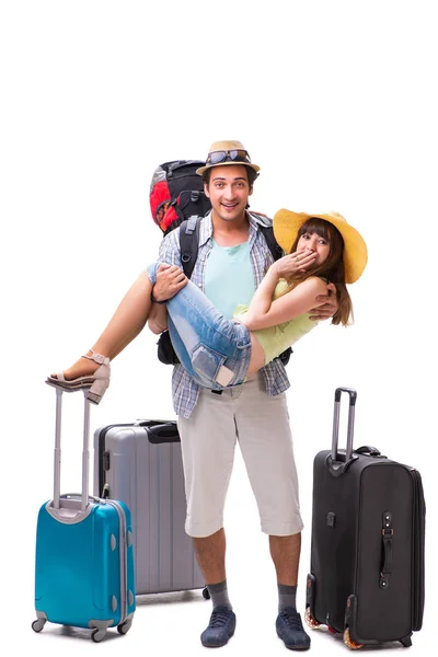 Familia joven preparándose para viajar de vacaciones en blanco —  Fotos de Stock