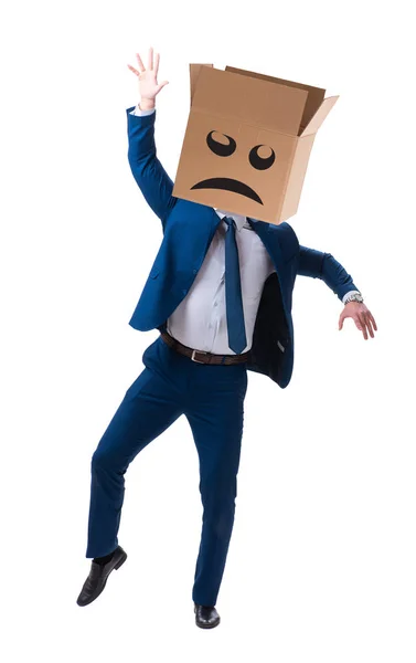 Businessman with box and unhappy face — Stock Photo, Image