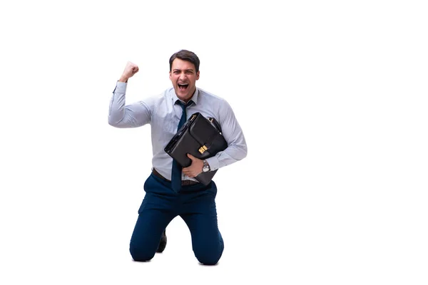 Excited businessman siiting on the knees isolated on white backg — Stock Photo, Image