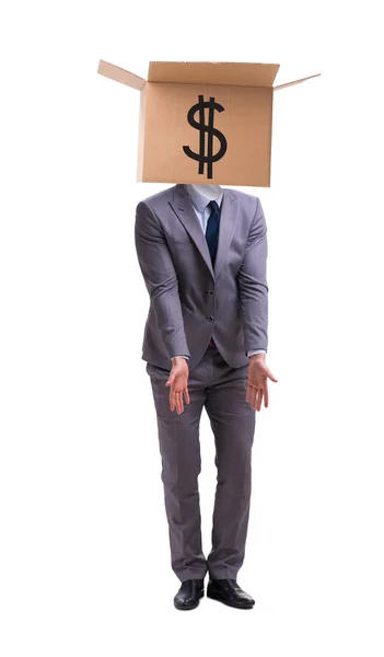Επιχειρηματίας με κουτί δολαρίου στο κεφάλι του — Φωτογραφία Αρχείου