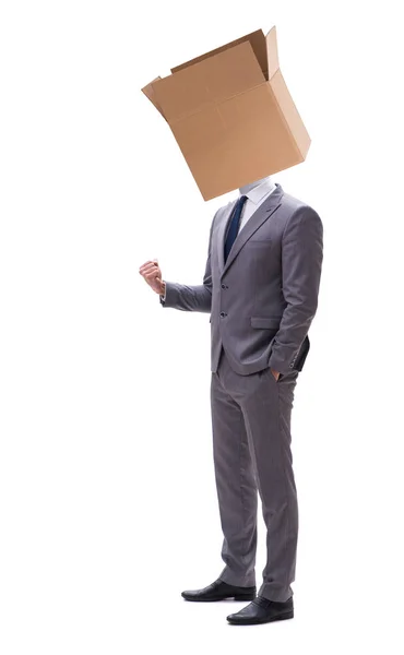 Businessman with blank box on his head — Stock Photo, Image