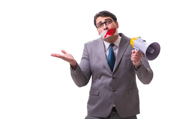 Empresário engraçado com alto-falante isolado em branco — Fotografia de Stock