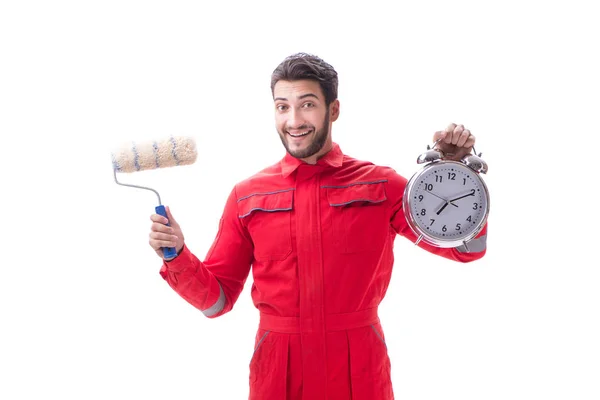 Joven pintor guapo con pincel aislado en blanco en el tiempo — Foto de Stock