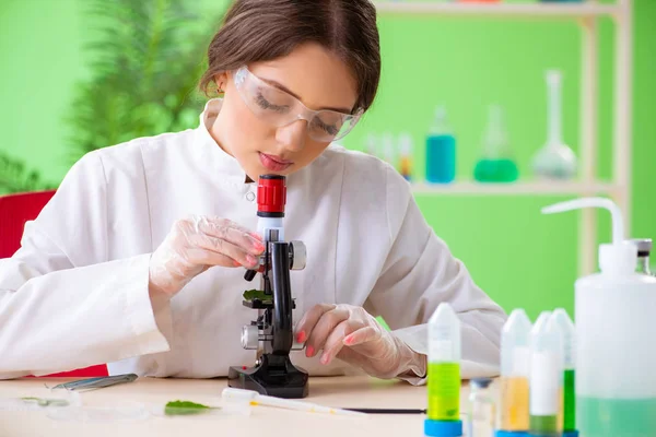 Mooie vrouwelijke biotechnologie wetenschapper chemicus werken in lab — Stockfoto