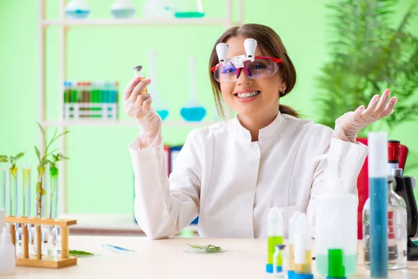 Bela mulher biotecnologia cientista químico trabalhando em laboratório — Fotografia de Stock