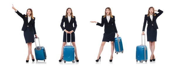 Mujer preparándose para las vacaciones con maleta en blanco — Foto de Stock
