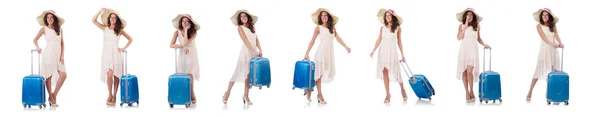 Kobieta jedzie na letnie wakacje odizolowana na biało — Zdjęcie stockowe
