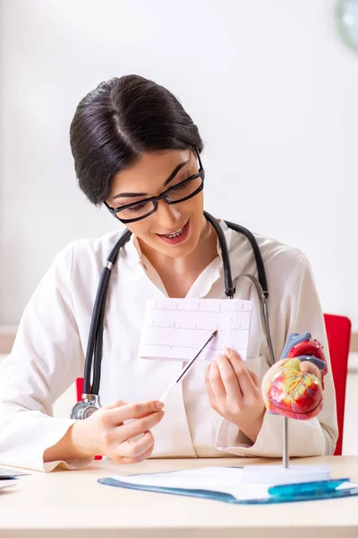 Žena lékař ukazující studentům model srdce — Stock fotografie