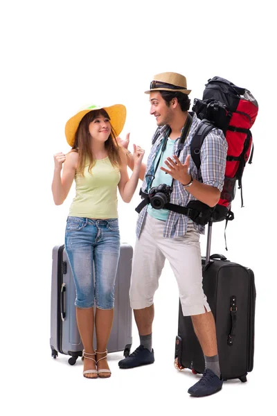 Fiatal család készül nyaralás utazás fehér — Stock Fotó