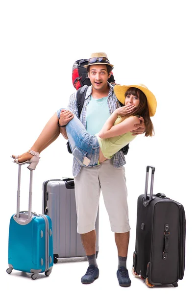 Young family preparing for vacation travel on white — Stock Photo, Image