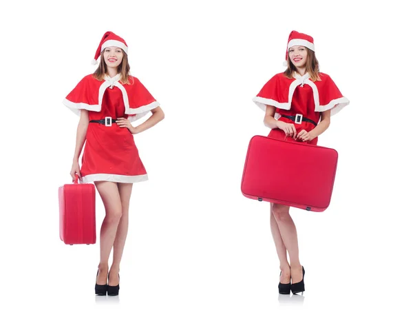 Giovane donna in costume da Babbo Natale rosso con valigia — Foto Stock