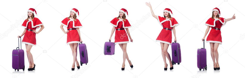 Young woman in red santa costume on white