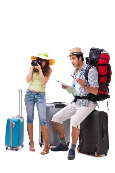 Young family preparing for vacation travel on white — Stock Photo, Image