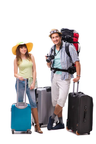 Young family preparing for vacation travel on white — Stock Photo, Image