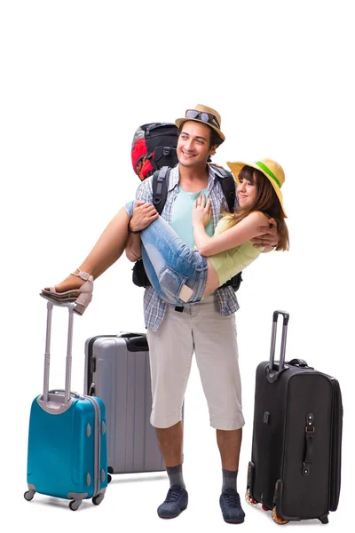 Young family preparing for vacation travel on white — Stock Photo, Image