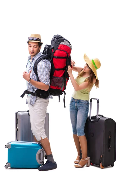 Ung familj förbereder sig för semester resa på vit — Stockfoto