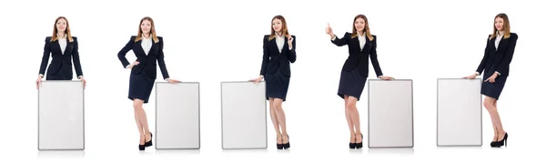 Női üzletasszony üres táblával fehér — Stock Fotó