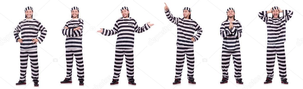 Convict criminal in striped uniform isolated on white