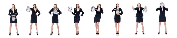Bizneswoman z zegarem na białym — Zdjęcie stockowe