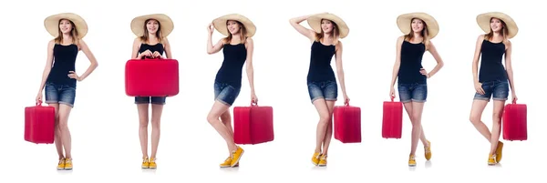 Mulher com suitacases se preparando para férias de verão — Fotografia de Stock