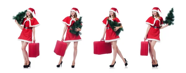 Giovane donna in costume da Babbo Natale rosso su bianco — Foto Stock