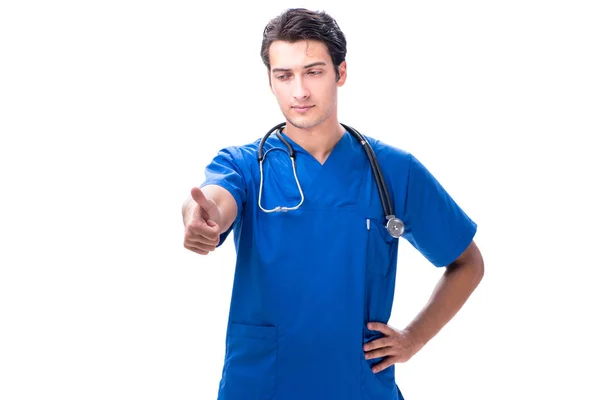 Young male doctor pressing buttons isolated on white — Stock Photo, Image