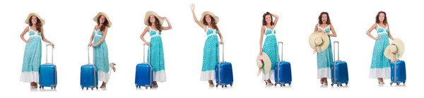 Mulher Viajante Com Mala Isolada Branco — Fotografia de Stock