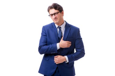 Hasta ve mutsuz iş adamı beyaz arka planda izole edilmiş. 