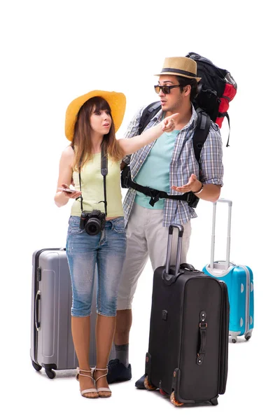 Young family preparing for vacation travel on white — Stock Photo, Image