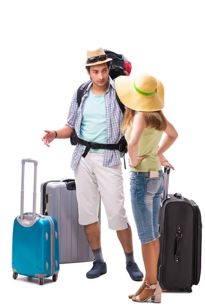 Young family preparing for vacation travel on white — Stock Photo, Image